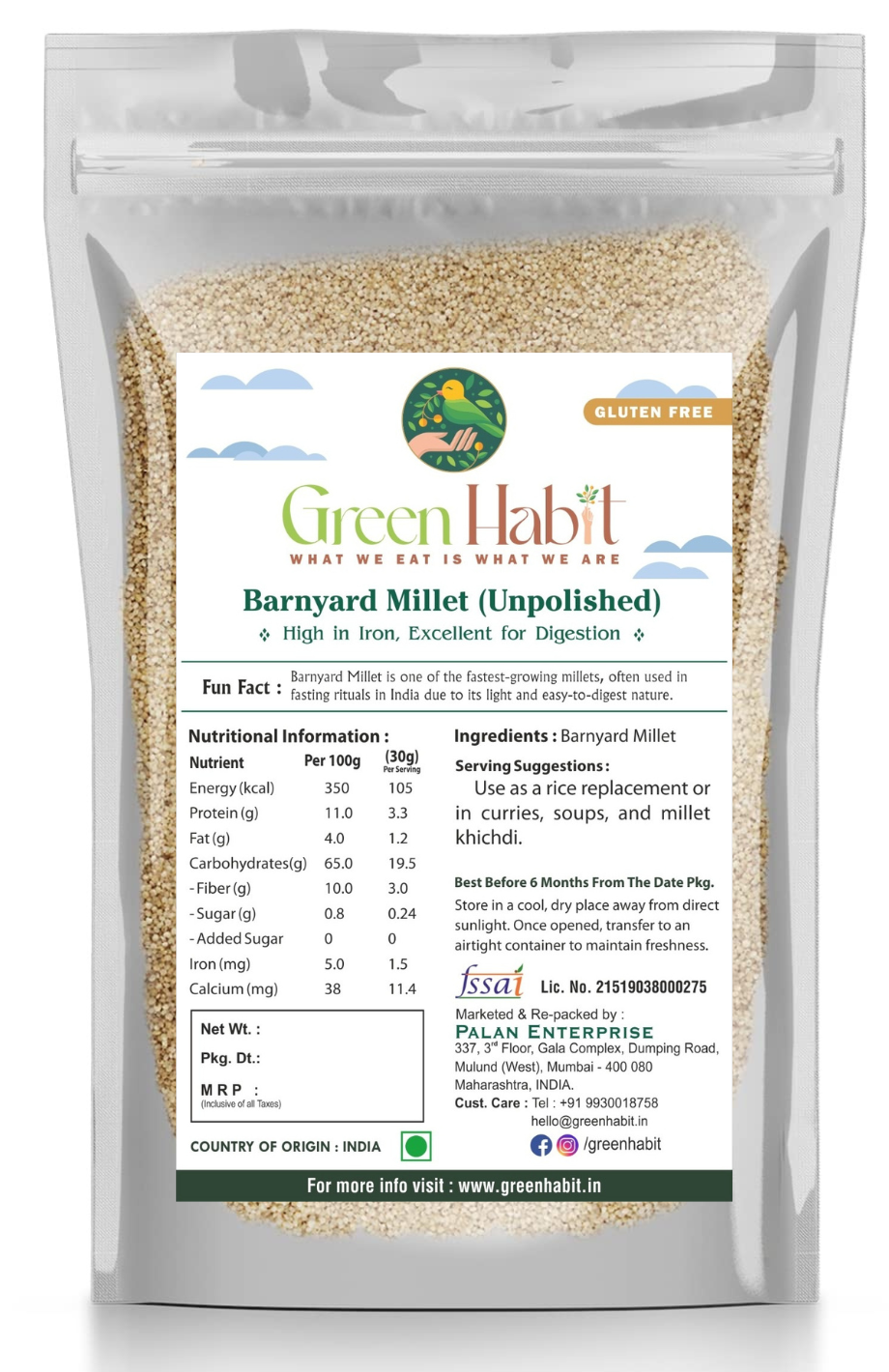 Green Habit Barnyard Millet (Sanwa/Shyama/Jhangora) - Unpolished, Gluten-Free | High Fiber, Low-Calorie Rice Alternative